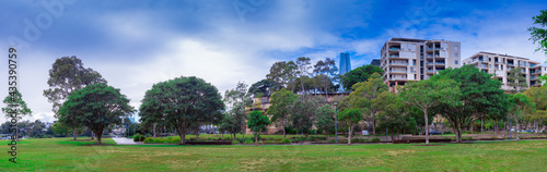 Panorama view of Pyrmont Park apartments in background Sydney NSW Australia 