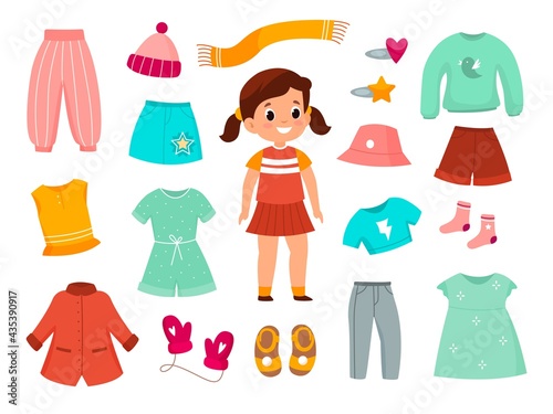 Girl clothes. Childish female fashionable apparel collection, different type of casual wear, color kids dresses, skirts trousers and outerwear. Childhood fashion collection vector cartoon set © YummyBuum