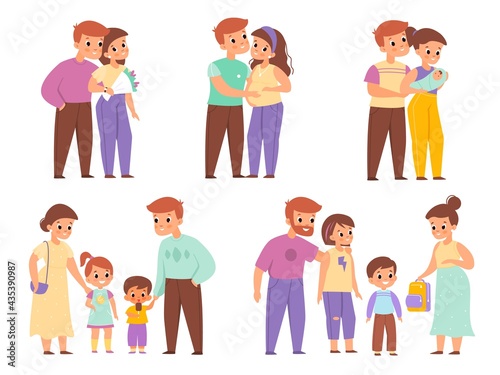 Family development stages. Happy couple life, relationship between man and woman periods, pregnant wife, motherhood and fatherhood, cute parents with children. Vector cartoon isolated set