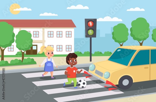 Violation road rules. Kids abruptly cross path, dangerous scene, playing ball roadway, sudden braking car, traffic problem. Warning light red signal, educational scene vector concept