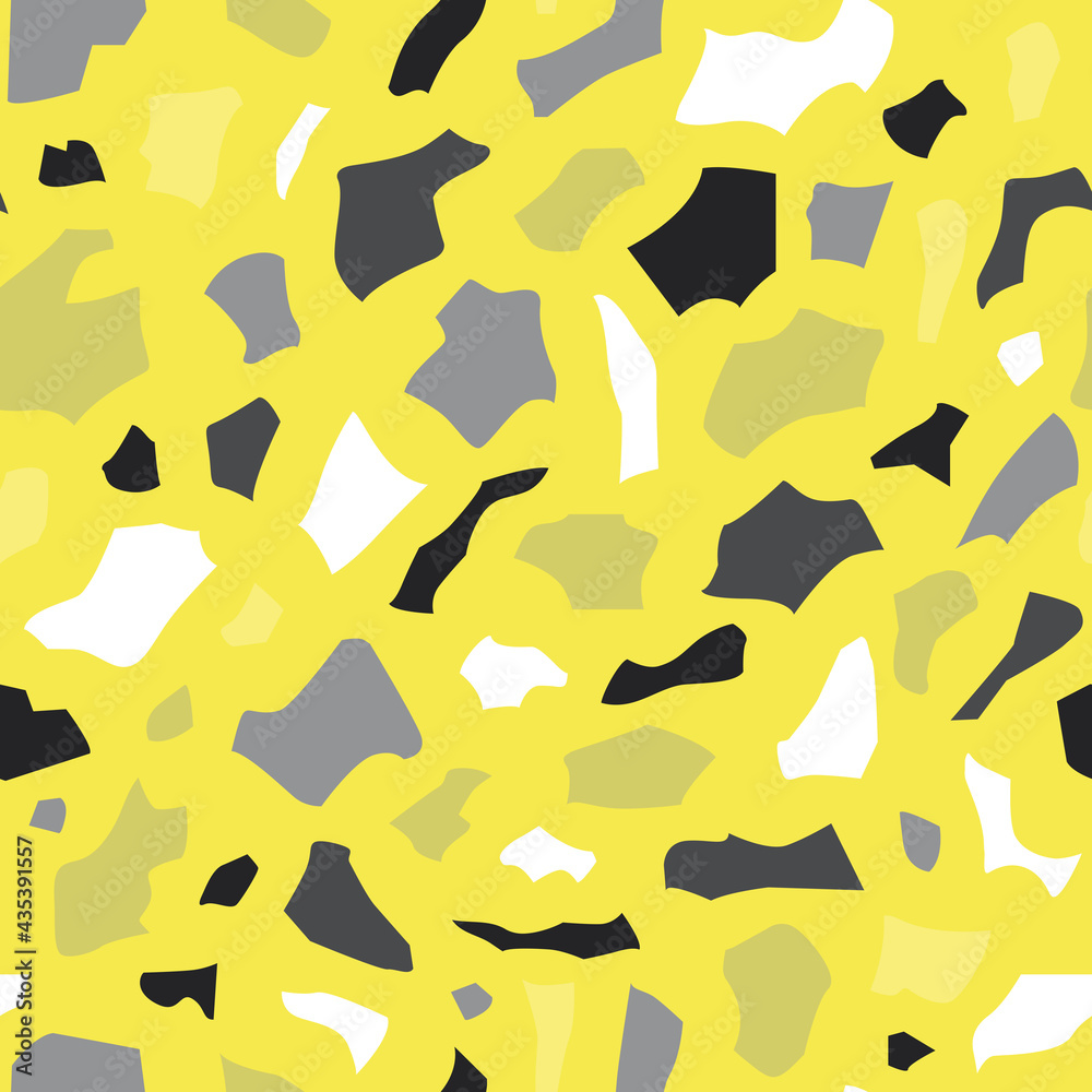 Terrazzo vector seamless pattern with grey abstract shapes on yellow background. Modern abstract style. Handmade illustration in colors of the year. Perfect for fabrics and wrapping paper. Terrazzo vector seamless pattern with grey abstract shapes on yellow background. Modern abstract style. Handmade illustration in colors of the year. Perfect for fabrics and wrapping paper.