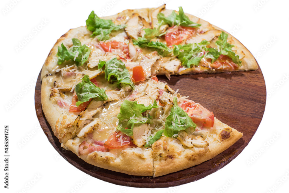 Caesar pizza on wooden plate isolated on white background