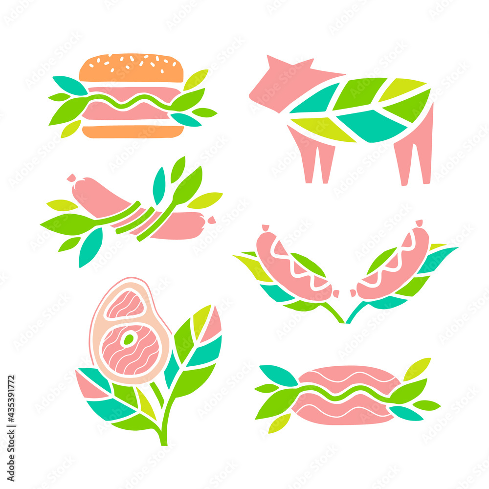 Set of vector icons. Plant based meat concept. Vegan product. Steak, sausages, hamburger, cutlet, minced meat and green leaves. Organic natural food.