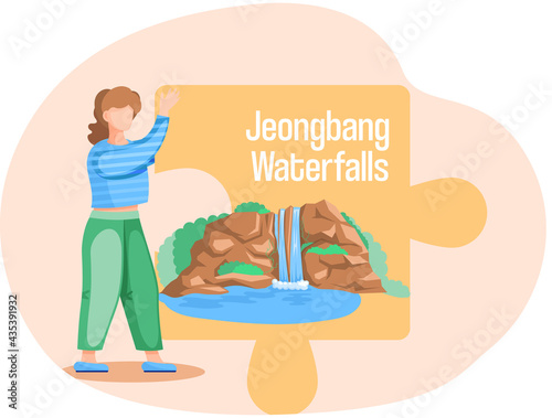 Jeongbang Waterfall famous landmark of Jeju Island in south Korea. Popular place for visiting tourists, jeju tropical island with water travel. Girl traveler in korean land with traditional showplace