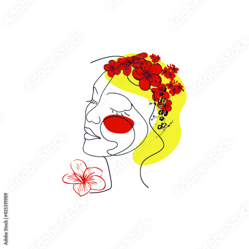 Abstract Woman face one line drawing. Portrait minimalistic style. Continuous line with red tropical floral, flowers , flowering crown