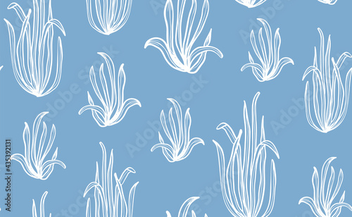 White vector sea grass, botanical seamless repeat pattern. Doodled bushes illustration all over surface print on blue background.