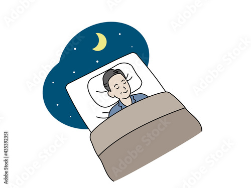 布団で眠る中高年の男性　就寝　睡眠　ミドル　イラスト素材