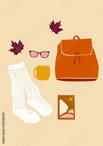 White socks, brown backpack, cup and sunglasses. Autumn look, fall outfit on the beige isolated background.