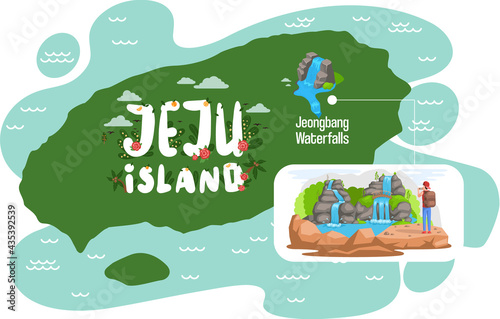 Jeongbang Waterfalls famous landmark of Jeju Island in south Korea. Popular place for visiting, male traveler taking pictures of waterfall, jeju green tropical island map. Traditional showplace