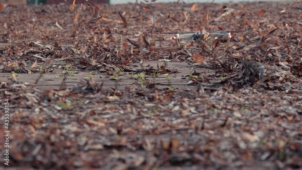 Drone blowing autumn leaves on a driveway Drone blowing autumn leaves on a driveway