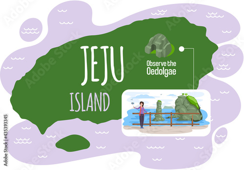 Welcome to Jeju island in South Korea, traditional showplaces map for tourists, natural attraction volcanic mountain. Landscape of place in Korea with nature and architecture. Oedolgae famous landmark