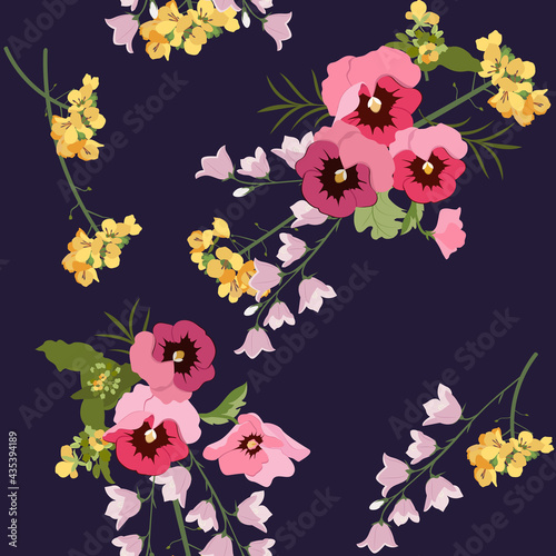 Seamless vector spring illustration with pansies and campanula on a dark background.