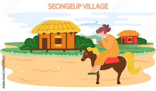 Seongeup village famous landmark of Jeju Island in south Korea. Thatched house traditional hut stone house or building and female tourist riding horse popular place for visiting authentic settlement