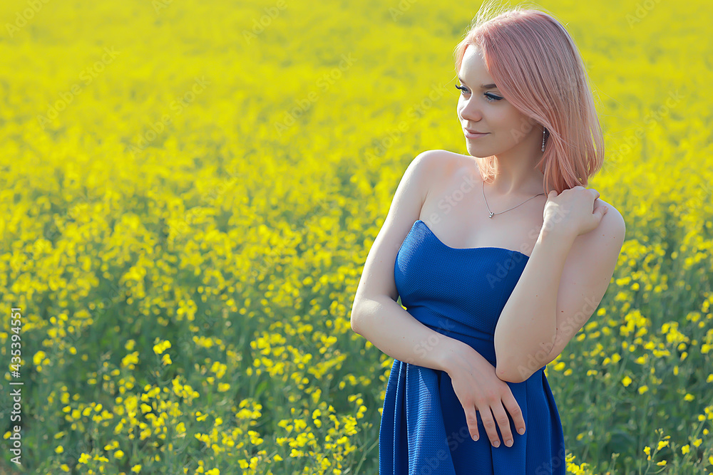 sunny season field yellow flowers attractive lady, beautiful springtime, nature female background sunny season field yellow flowers attractive lady, beautiful springtime, nature female background