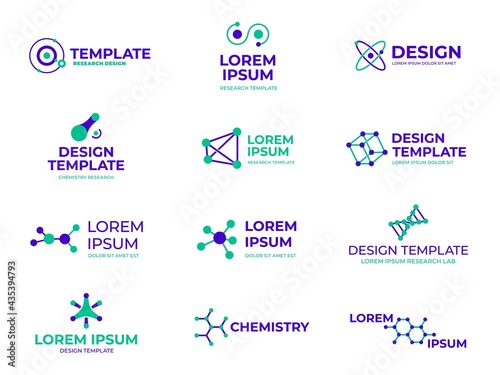 Molecule structure badges. Hexagon molecules design, dna bio and hexagonal logo. Chemistry genetic or microbiology research recent vector icons