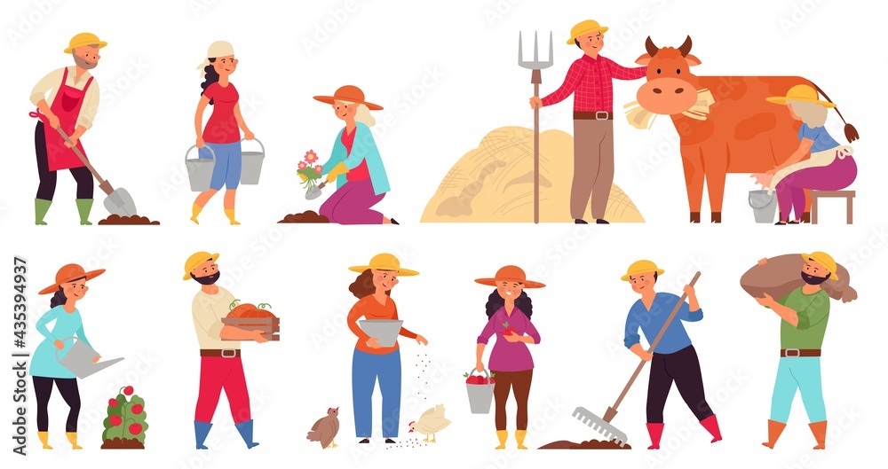 Farmer characters. Gardening working women, farmers in village work. Harvest seasons, isolated agriculture garden or plantation decent vector set