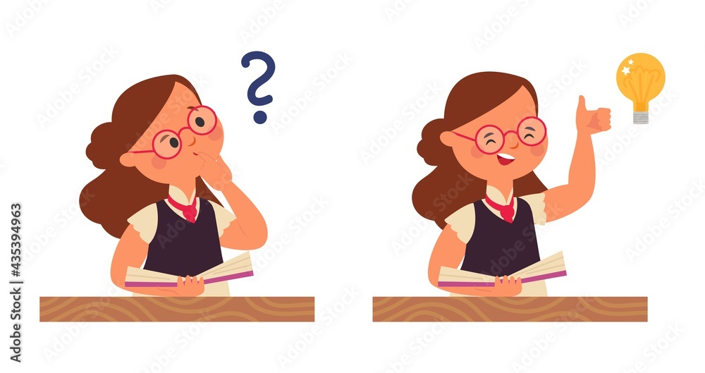 Student girl thinking. Young child question, stupid kid think and inspire thought. New idea or understand, find solution with book decent vector concept Student girl thinking. Young child question, stupid kid think and inspire thought. New idea or understand, find solution with book decent vector concept