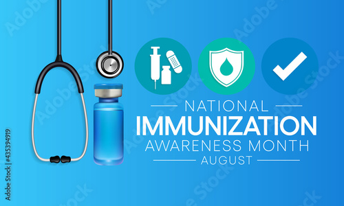 National immunization or immunisation awareness month is observed every year in August, it is the process by which an individual's immune system becomes fortified against an agent. Vector illustration