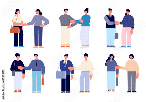 Business handshake characters. Professional office people, businessman and businesswoman. Flat women work partner, partnership utter vector set