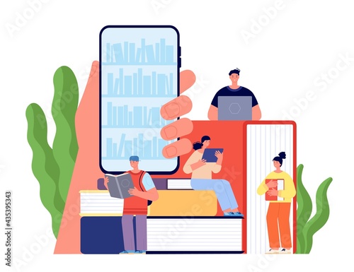 Digital library concept. Young people read, flat student with books. Distance university education, ebook online reading utter vector concept