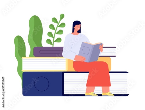 Reading book concept. Girl holding books, female sits on textbooks pile. Young adult study, reader in abstract cozy library. Student utter vector concept