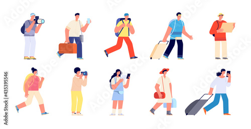 Touristic characters. Travelers people, travelling vacation persons. Adults with luggage, isolated flat woman man hold suitcase. Tourism utter vector set © MicroOne