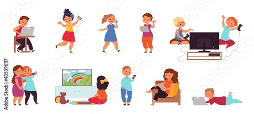 Children with gadgets. Teen phone addiction, girl kids using smartphone. Young person in internet, watch tv or social network decent vector set