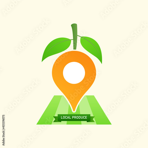 Location icon decorated with leaves and stick as a gimmick of local produce. Vector illustration outline flat design style.