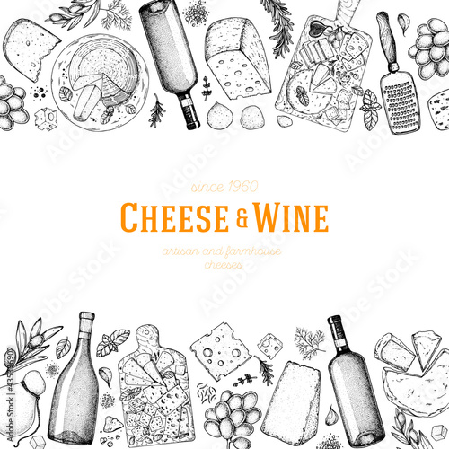 Cheese and wine design template. Hand drawn sketch. Retro food background. Menu restaurant. Gourmet food set. Vintage cheese, spice, wine drawings. Dairy products frame.