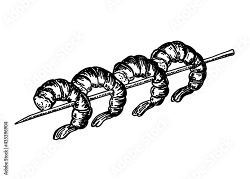 Grilled shrimp on a skewer. Sketch. Mediterranean Kitchen. Healthy eating. Seafood dishes. Shrimp kebab vector illustration.