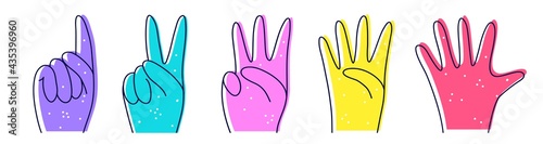 Numbers with hands  illustration in doodle style. Designation of numbers with hands  gestures. Counting to ten - hands  hieroglyphs