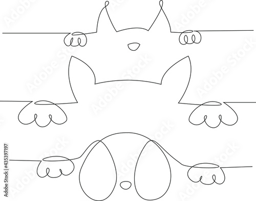 Happy pets. Vector line art illustration. One Line