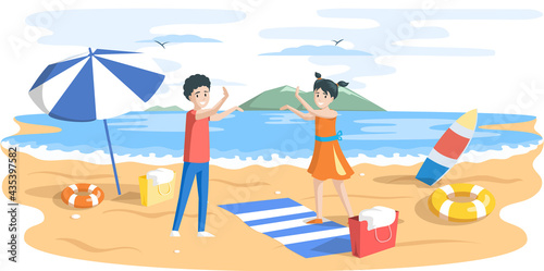 Children are playing with each other on sandy summer beach. Boy with girl walking on coastline. Characters doing sports in summer. Kids having fun at summer resort near sea and mountaines together