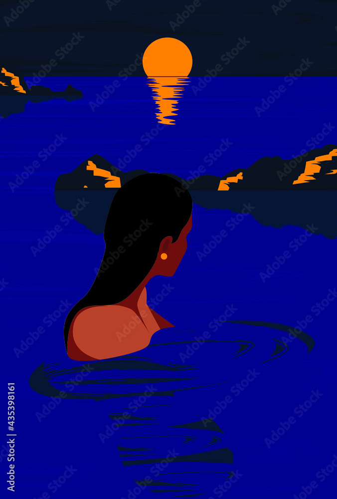 Digital illustration of a girl in the summer swimming on vacation in the ocean and admiring the sunset among the mountains