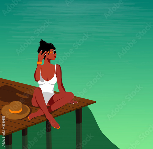 Digital illustration of a girl in summer on vacation on the beach sitting on a pier bridge posing against the backdrop of the ocean