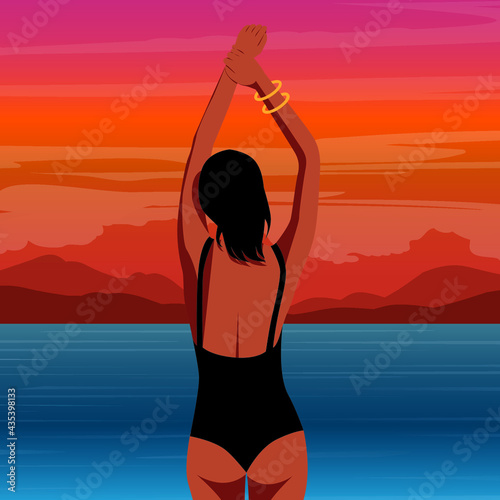 Digital illustration of a girl in the summer on vacation on the beach and posing against the backdrop of a bright pink sunset