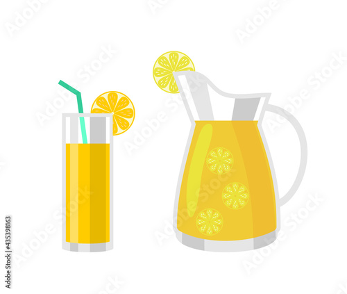 Refreshing lemonade illustration. A glass with straw and a jug with lemons and ice cubes. Isolated vector illustration in simple cartoon style.