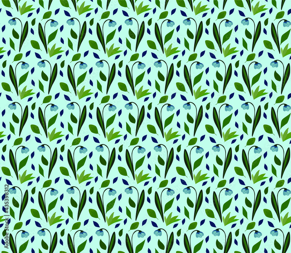 Blue flowers and green leaves. Hand drawn seamless vector pattern