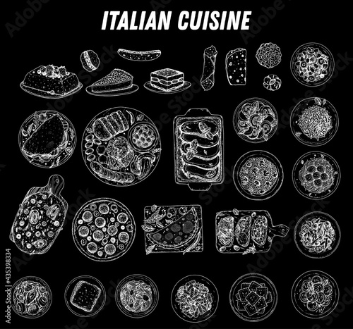 Italian Cuisine. Top view. Sketch illustration. Italian food. Design template. Hand drawn illustration. Black and white. Engraved style. Pasta and pizza  antipasto. Authentic dishes.