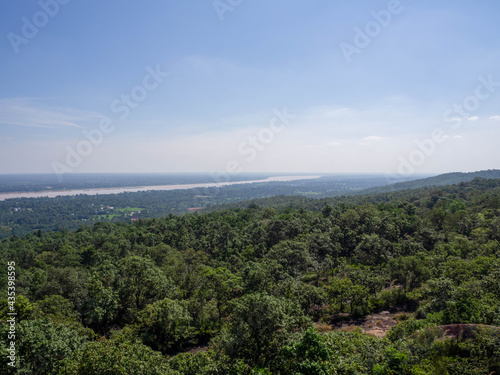 Amazing bird's-eye view mountain scenery of summer, blue sky, forest near .Mekong River in Thailand.