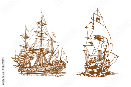 Sailing Ship Pack Drawing Sketch. Frigate 