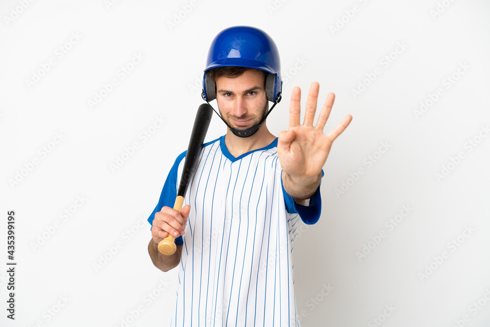 Young caucasian man playing baseball isolated on white background happy and counting four with fingers Young caucasian man playing baseball isolated on white background happy and counting four with fingers