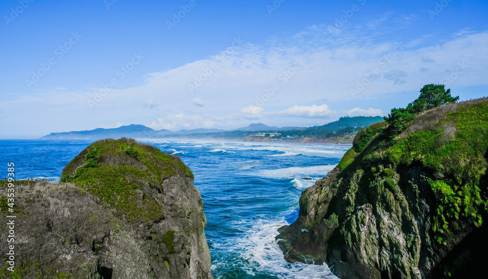 View coastline and rocks at Yaquina Head beach in Newport Oregon, USA