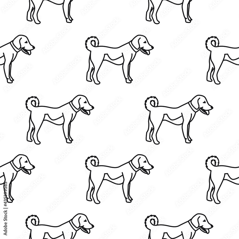 Vector seamless pattern of dogs in line art style. Black and white drawing.