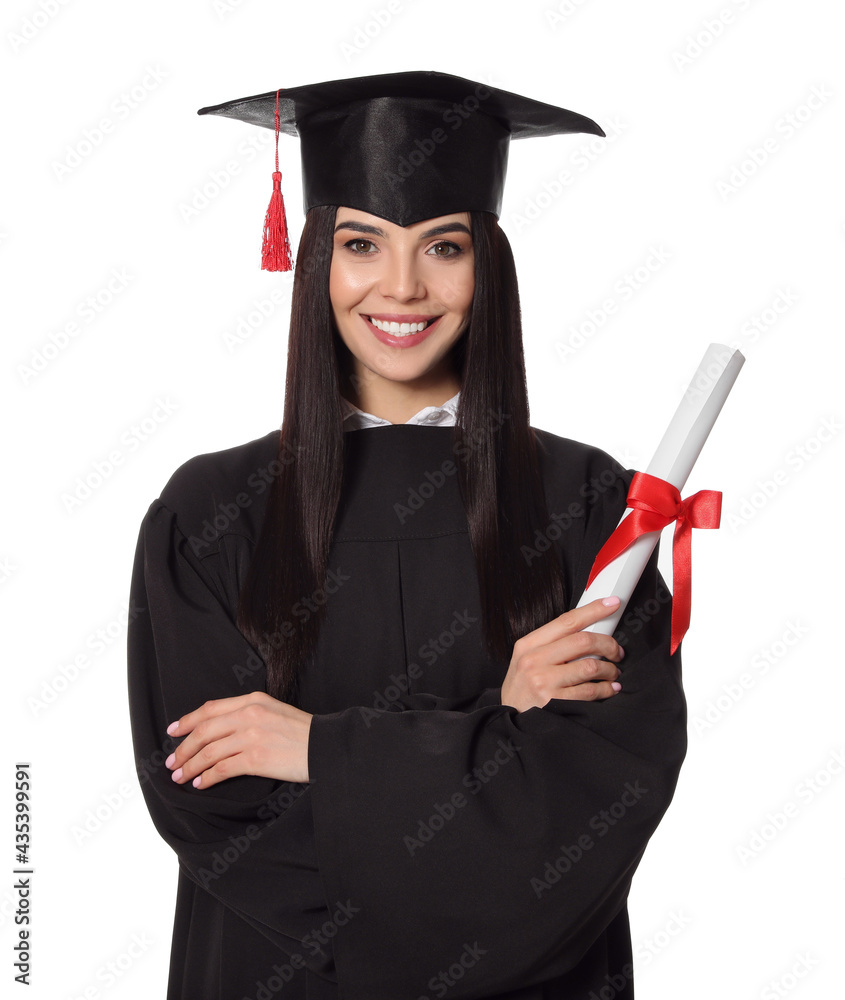 Happy student with graduation hat and diploma on white background Happy student with graduation hat and diploma on white background