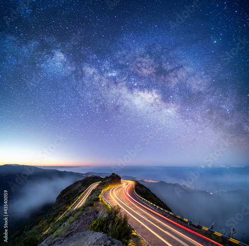 Astrophotography shot of hairpin turn with galactic core milky way rising on Madeira Island, Portugal