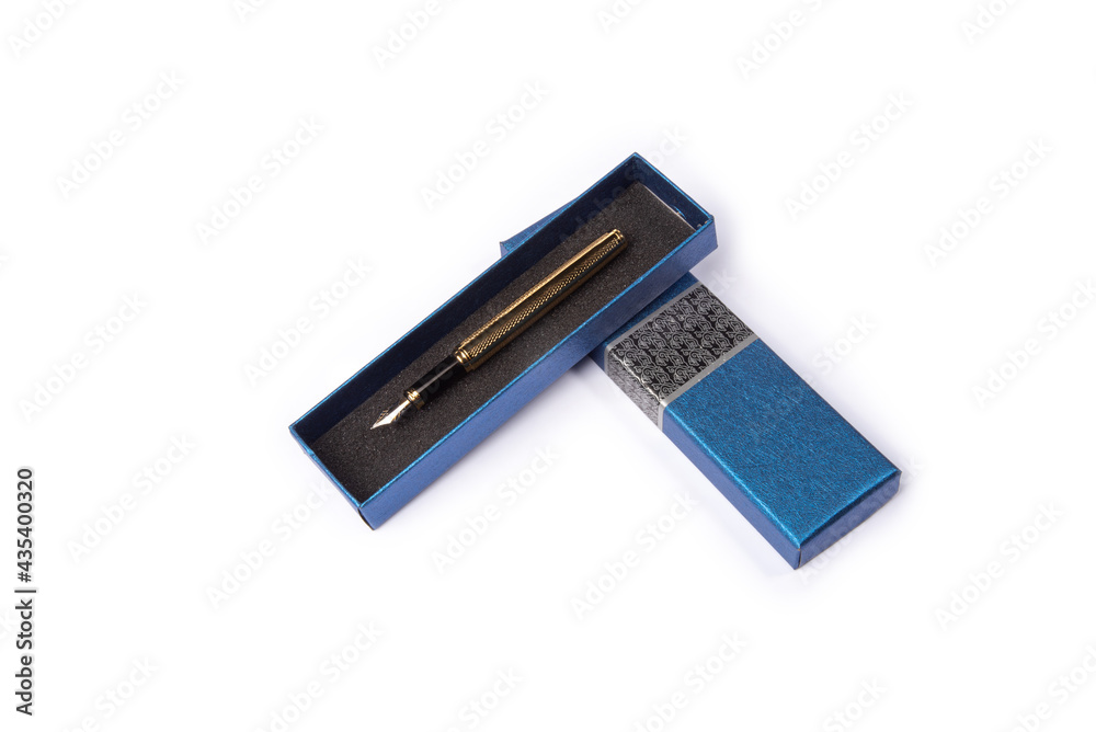 Fountain pen, fountain pen in detail inside beautiful box, on white background, top view. Fountain pen, fountain pen in detail inside beautiful box, on white background, top view.