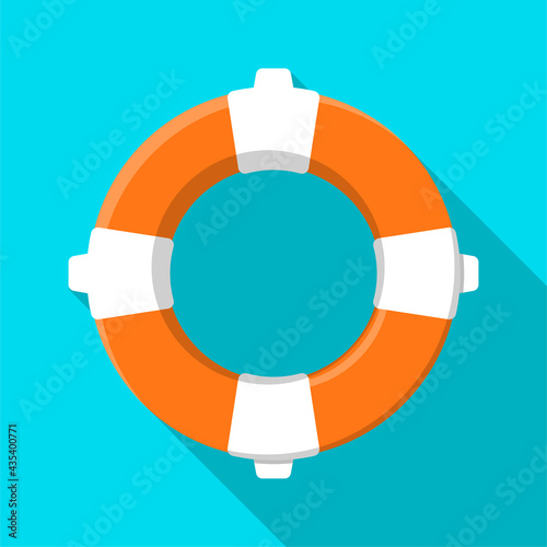 orange life ring icon in flat style. Equipment for rescue of drowning, first aid to vacationers. Color vector on blue back