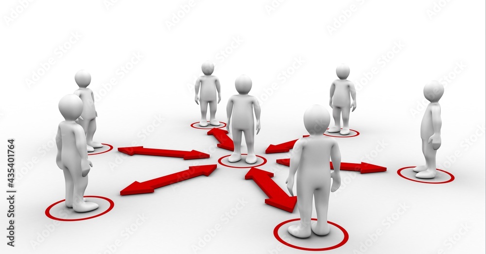 Composition of network of people connections with red arrows on white background Composition of network of people connections with red arrows on white background