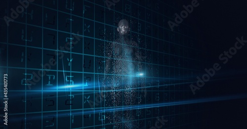 Composition of exploding human body formed with grey particles and data processing in background